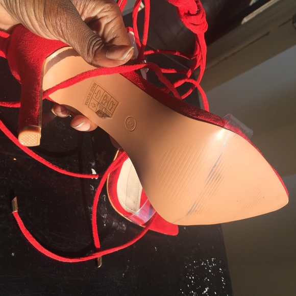 Clear and Red lace up stilettos - Picture 4 of 5